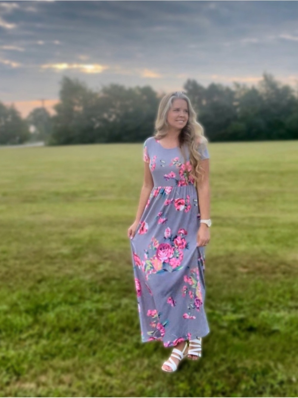 Chris & Carol Gray Maxi Dress with Pink Floral Print